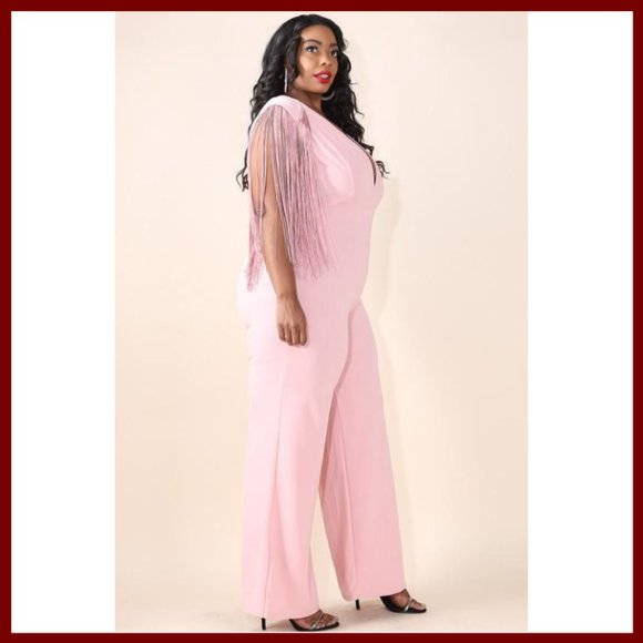 NWT Plus Size Fringe Shoulder V-Neck Jumpsuit Pink - Picture 4 of 8